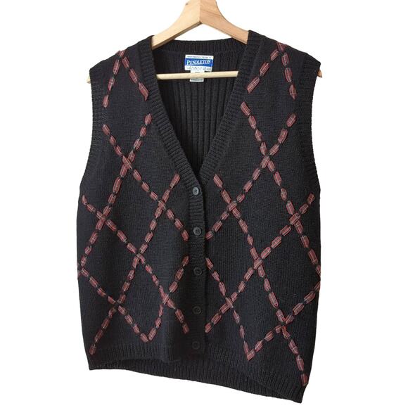 Vintage Pendleton Cardigan Sweater Vest Black Red Christmas Holiday Medium Wool - Picture 1 of 6